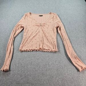 Wild Fable Women's Pink Floral Ribbed V Neck Button Front Long Sleeve Top Medium